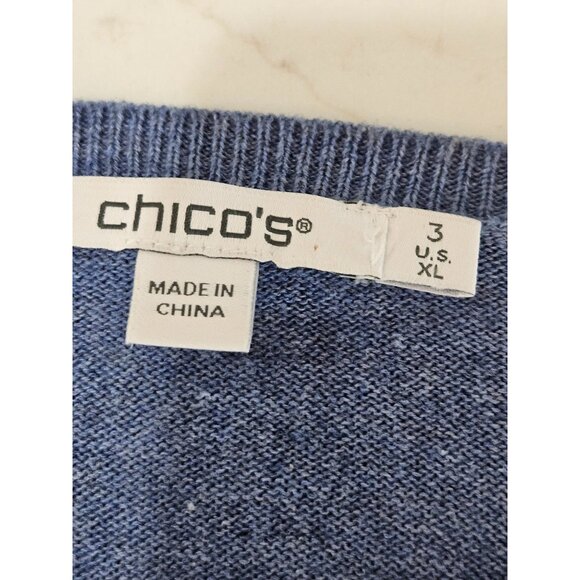 Chico's Embroidered Eyelet Sleeve Blue Sweater Size XL Knit Bateau Neck Boho - Picture 6 of 9